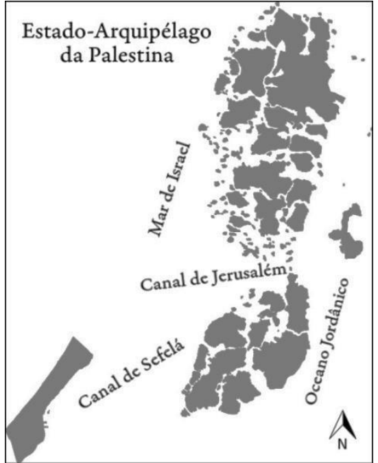 Arte cartográfica intitulada "Estado-Arquipélago da Palestina", representando os territórios palestinos de forma fragmentada como ilhas de um arquipélago, com anotações de "Mar de Israel", "Canal de Jerusalém", "Canal de Sefelá" e "Oceano Jordânico", além da rosa dos ventos apontando para o Norte.