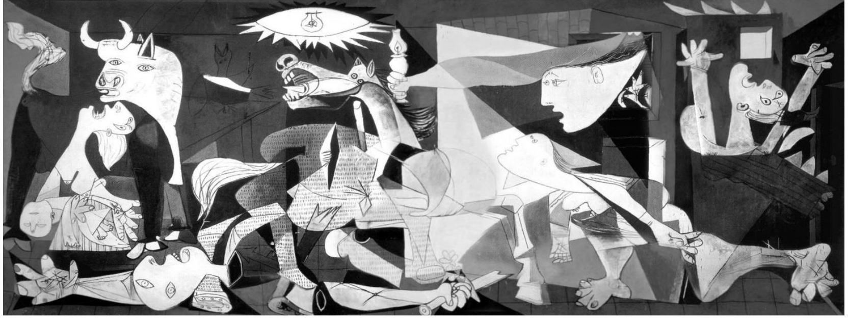 F1 Pintura Guernica, de Pablo Picasso, em estilo cubista e tons monocromáticos de preto, branco e cinza, retratando o caos e o horror da guerra através de figuras humanas e animais em sofrimento e desespero.