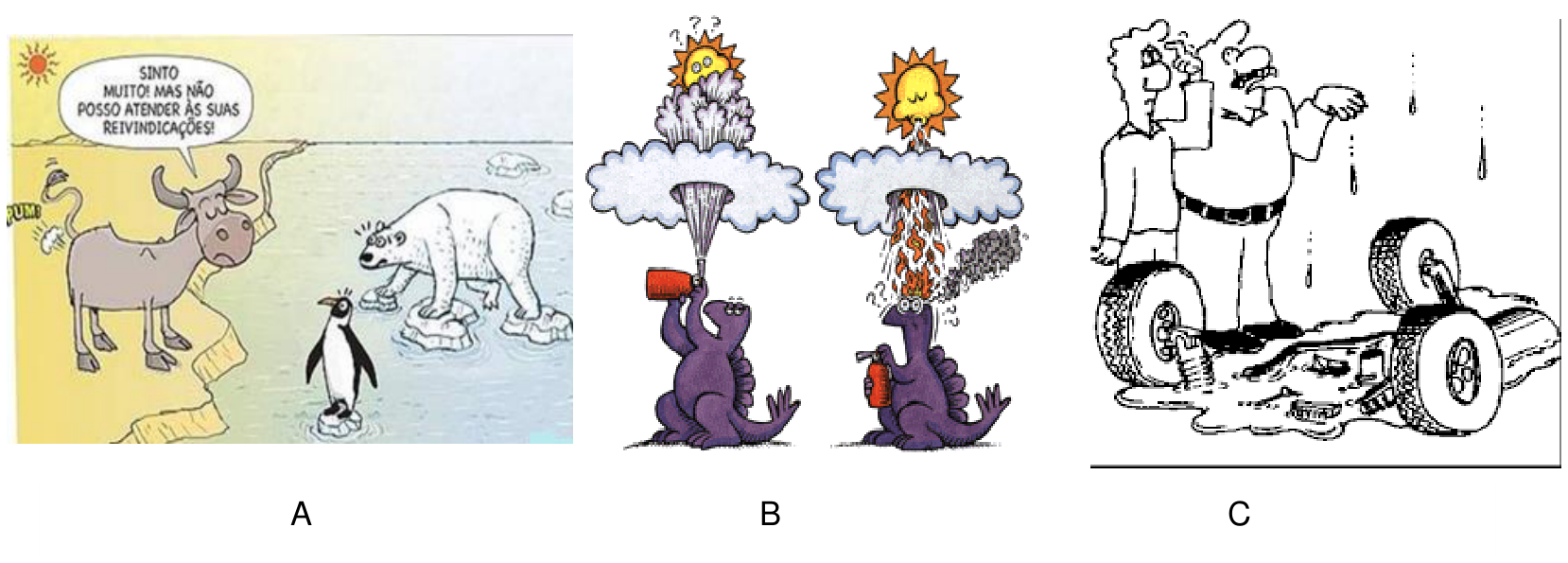 Três ilustrações cômicas identificadas pelas letras A, B e C. Na ilustração A, um boi solta gases (efeito estufa) e diz a um urso polar e a um pinguim sobre blocos de gelo derretendo na água: "SINTO MUITO! MAS NÃO POSSO ATENDER ÀS SUAS REIVINDICAÇÕES!". Na ilustração B, um animal borrifa um frasco de spray contra uma nuvem que encobre o Sol, abrindo um buraco por onde os raios solares passam e queimam sua cabeça (destruição da camada de ozônio). Na ilustração C, dois homens observam um carro cuja lataria foi completamente derretida por gotas de chuva caindo do céu (chuva ácida).