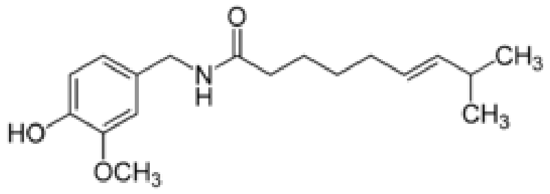 Fórmula estrutural da capsaicina, constituída por um anel aromático com grupos hidroxila (HO-) e metóxi (-OCH3), ligado por um grupo metileno a uma função amida (-NH-C(=O)-), que por sua vez se conecta a uma cadeia alifática insaturada terminada em uma ramificação com dois grupos metila (-CH(CH3)2).