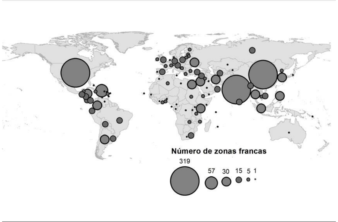 Mapa-múndi com círculos proporcionais representando o número de zonas francas oficiais por país em 2008, com escala variando de 1 a 319. Destacam-se maiores concentrações nos Estados Unidos, China, Índia e América Central.