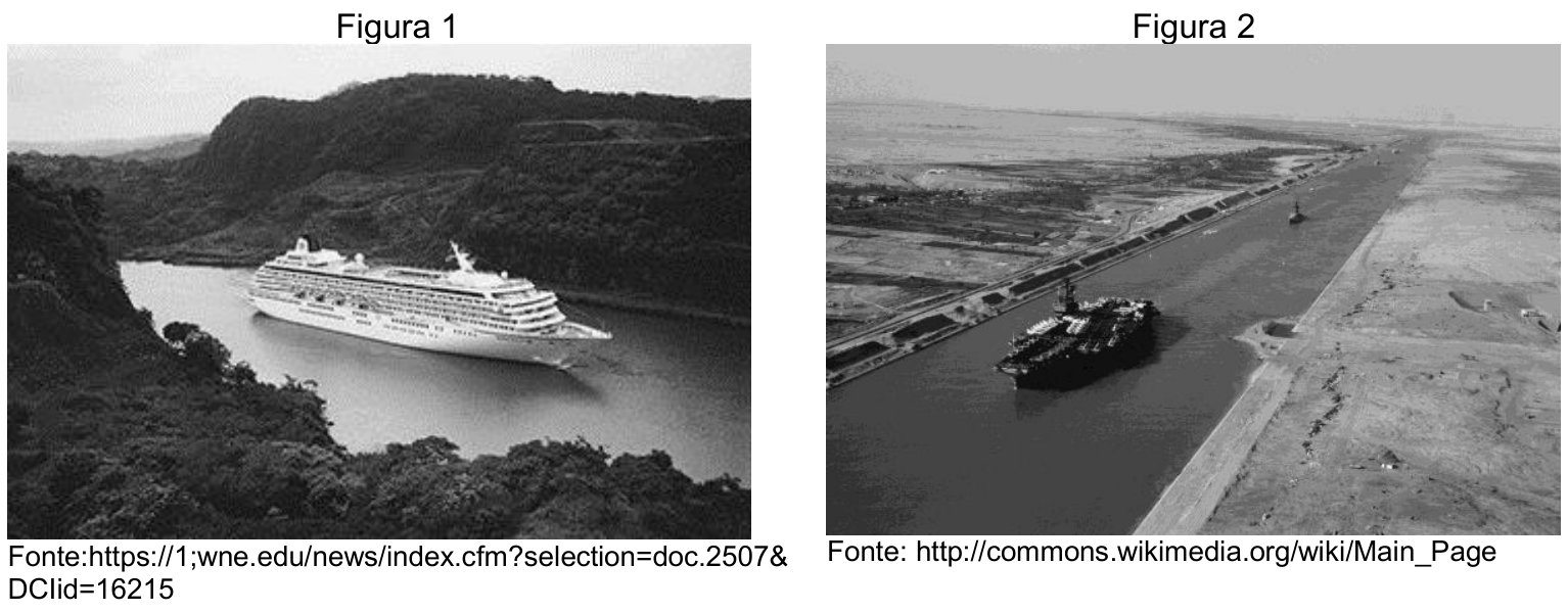 Figura 1: navio de cruzeiro atravessando canal ladeado por morros com densa vegetação tropical. Figura 2: porta-aviões navegando em canal retilíneo em meio a uma paisagem árida e plana.