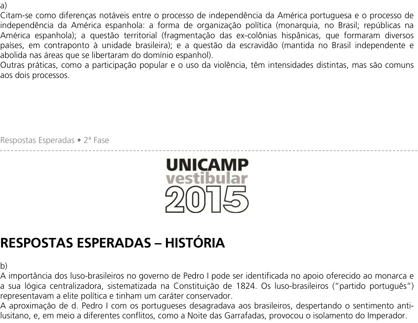 Resposta esperada no documento da Comvest