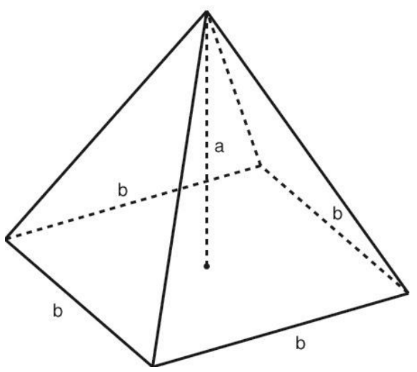 F1 Pirâmide reta de base quadrada com lados da base indicados pela letra b e altura interna indicada por uma linha tracejada vertical com a letra a.