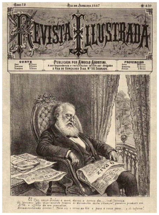 Capa da Revista Illustrada de 1887 com caricatura de Angelo Agostini retratando D. Pedro II idoso dormindo em uma poltrona, cercado por jornais.