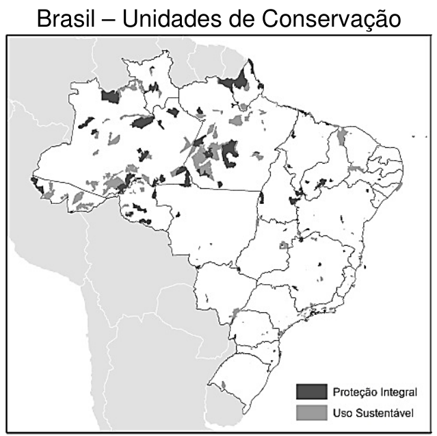 Mapa do Brasil indicando as Unidades de Conservação divididas em Proteção Integral e Uso Sustentável