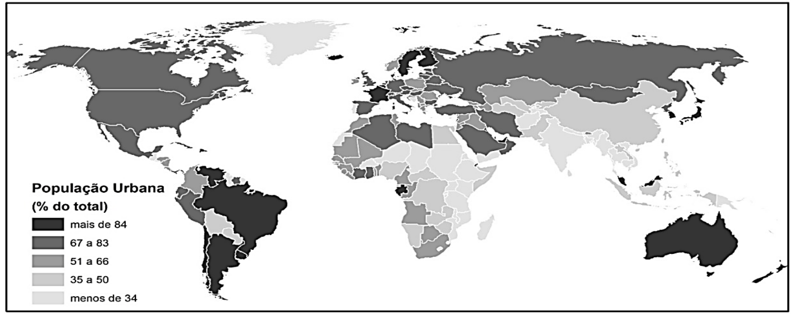 Mapa-múndi temático dividindo os países por faixas de porcentagem de população urbana em 2012: mais de 84, 67 a 83, 51 a 66, 35 a 50 e menos de 34.