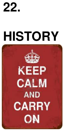 Pôster retangular com fundo vermelho escuro, trazendo no topo o desenho da coroa do Rei George VI e a frase "KEEP CALM AND CARRY ON" em letras maiúsculas brancas.