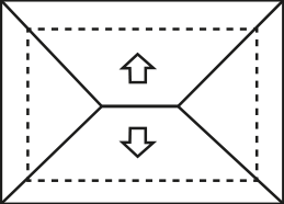Planta retangular do telhado dividida em quatro partes (quatro caídas), com cumeeira central e diagonais para todos os quatro cantos, com setas apenas para cima e para baixo.