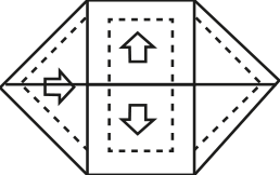 Planta do telhado com extremidades triangulares salientes à esquerda e à direita, com três setas de escoamento.