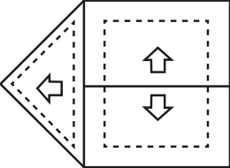 Planta com seção triangular saliente à esquerda e seção retangular à direita, com três setas de escoamento.