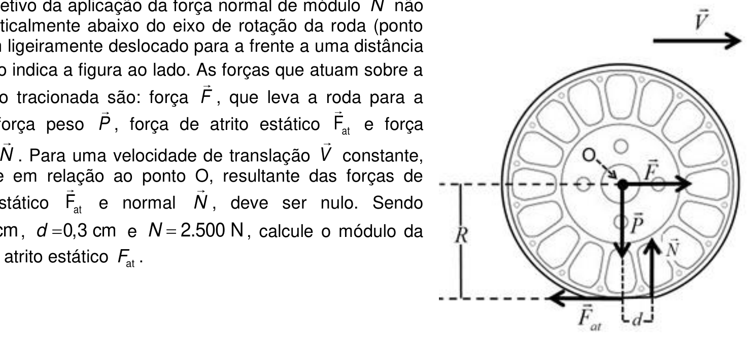 Esquema de uma roda de raio R sujeita a forças durante rolamento: vetor velocidade de translação V para a direita acima da roda; no eixo O atuam a força F horizontal para a direita e a força peso P vertical para baixo; no contato com o solo atuam a força de atrito estático F_at para a esquerda e a força normal N vertical para cima, deslocada para a frente a uma distância d do eixo O.