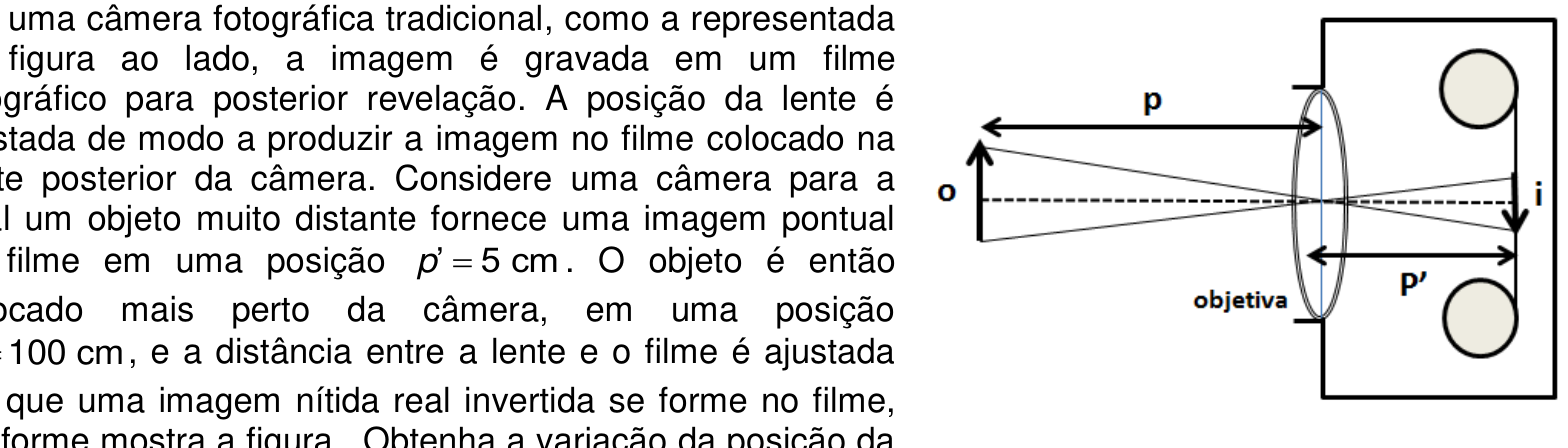 Esquema óptico de uma câmera fotográfica tradicional, mostrando o objeto à esquerda a uma distância p da lente objetiva e a imagem invertida formada no filme fotográfico à direita a uma distância p'.