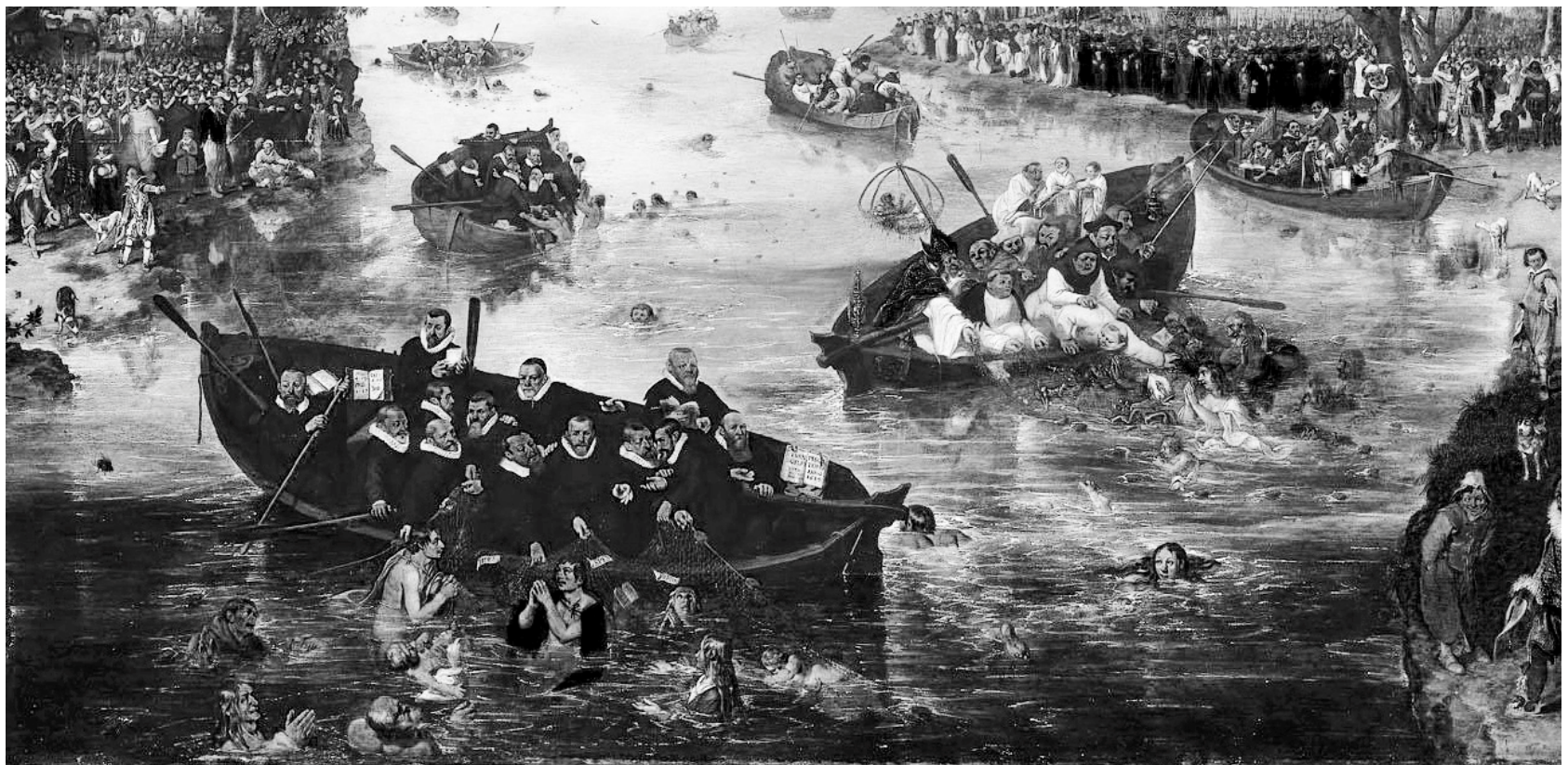 Pintura "A pesca de almas", de Adriaen van de Venne, retratando barcos em um rio repleto de pessoas na água. No barco à esquerda, homens vestidos com trajes escuros e golas brancas (calvinistas) resgatam fiéis da água com redes, enquanto a Bíblia é mantida aberta. No barco à direita, religiosos e clérigos católicos, vestidos com hábitos e paramentos cerimoniais, também tentam recolher pessoas das águas. Multidões acompanham a cena em ambas as margens do rio.