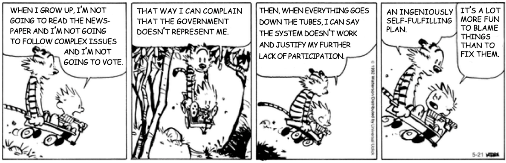 Tirinha de Calvin and Hobbes com quatro quadrinhos, mostrando Calvin e o tigre Haroldo descendo uma ladeira em um carrinho enquanto conversam.