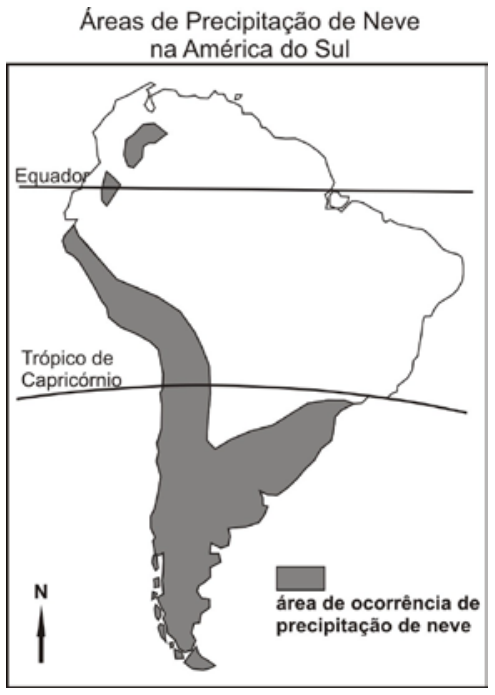Mapa da América do Sul com o título "Áreas de Precipitação de Neve na América do Sul", indicando as linhas do Equador e do Trópico de Capricórnio, a rosa dos ventos apontando para o Norte e a legenda que define em cinza a "área de ocorrência de precipitação de neve", cobrindo a faixa da Cordilheira dos Andes e o centro-sul/sul da porção meridional do continente.