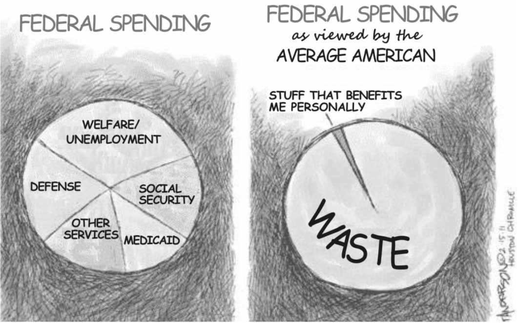 Cartum com dois gráficos de setores. À esquerda, sob o título “FEDERAL SPENDING”, o gráfico é dividido em cinco setores: “WELFARE/UNEMPLOYMENT”, “DEFENSE”, “OTHER SERVICES”, “MEDICAID” e “SOCIAL SECURITY”. À direita, sob o título “FEDERAL SPENDING as viewed by the AVERAGE AMERICAN”, uma pequena fatia é indicada pelo texto “STUFF THAT BENEFITS ME PERSONALLY”, enquanto quase todo o círculo é ocupado pelo setor “WASTE”. Na margem direita, aparecem a assinatura do cartunista e o crédito “HOUSTON CHRONICLE”.