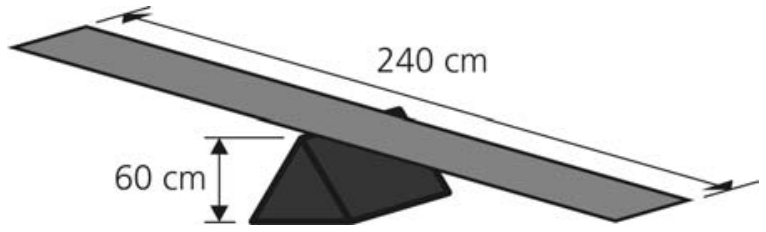 Gangorra em perspectiva sobre um prisma de base triangular equilátera de 60 cm de altura, com comprimento da tábua de 240 cm