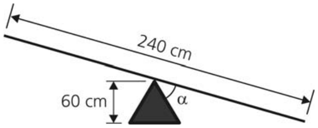 Vista lateral da gangorra inclinada até tocar o chão à direita, com a altura do prisma de 60 cm, comprimento da tábua de 240 cm e o ângulo alfa indicado entre a face lateral direita do triângulo e a tábua