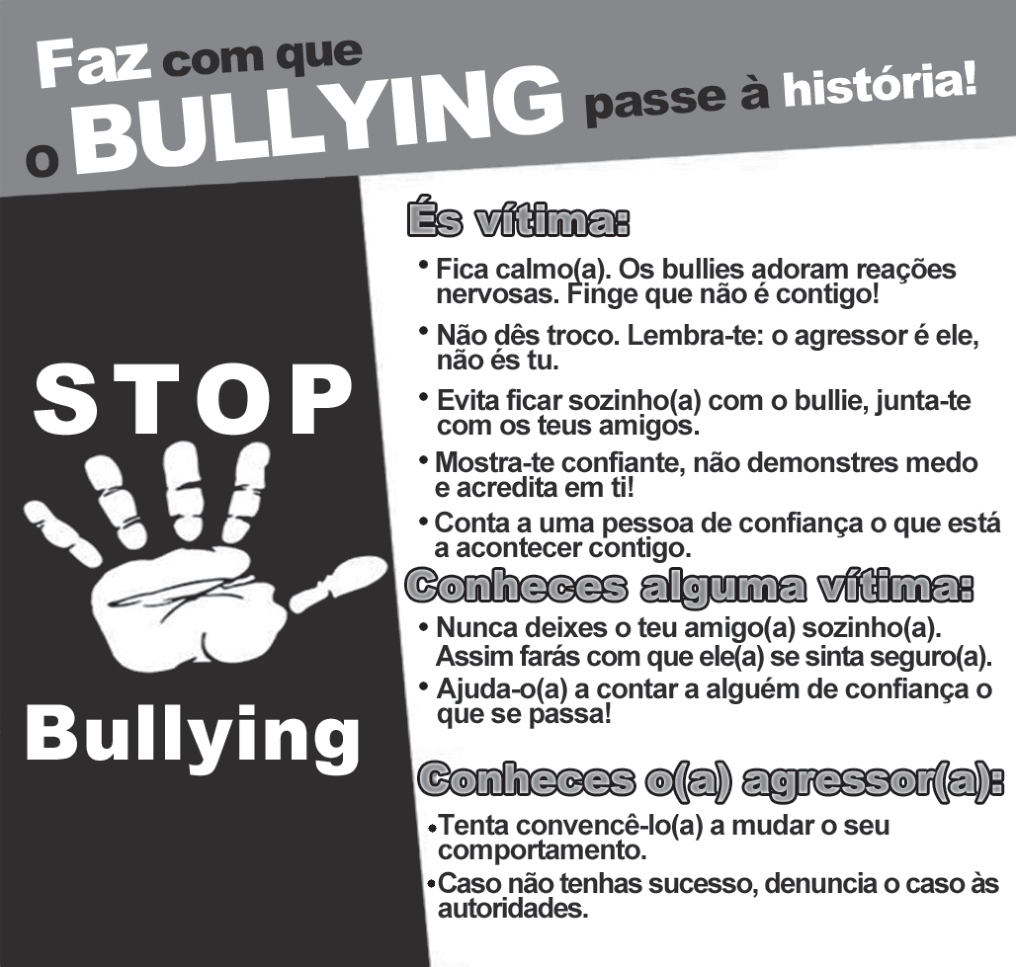 Cartaz de campanha contra o bullying intitulado "Faz com que o BULLYING passe à história!". À esquerda, lê-se "STOP Bullying" acompanhado do desenho de uma mão espalmada. À direita, há recomendações divididas em três seções direcionadas a diferentes públicos: "És vítima:", "Conheces alguma vítima:" e "Conheces o(a) agressor(a):".