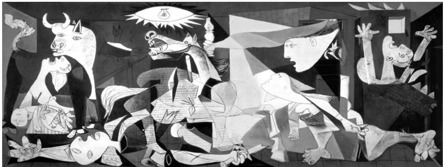 Reprodução em preto e branco da pintura Guernica, de Pablo Picasso, retratando em estilo cubista figuras humanas e animais em sofrimento e desespero, incluindo uma mãe chorando com o filho morto nos braços sob um touro, um cavalo agonizando ao centro, um guerreiro desmembrado no chão segurando uma espada quebrada e uma lâmpada acesa em formato de olho no topo.