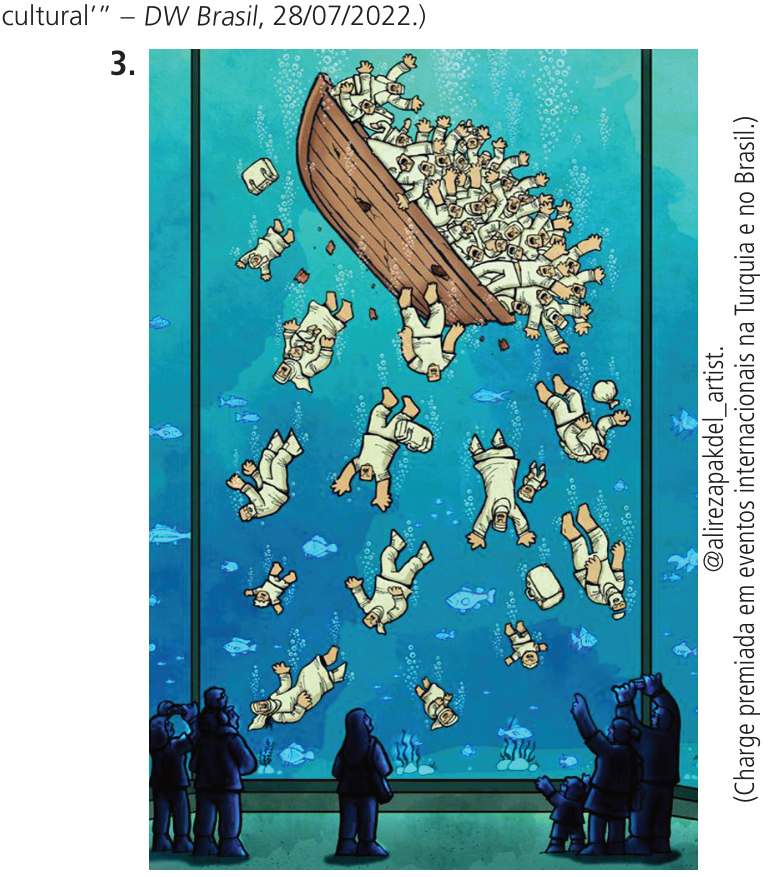 Charge de Alireza Pakdel mostrando um barco de refugiados naufragando no fundo de um grande aquário, observado por pessoas do lado de fora