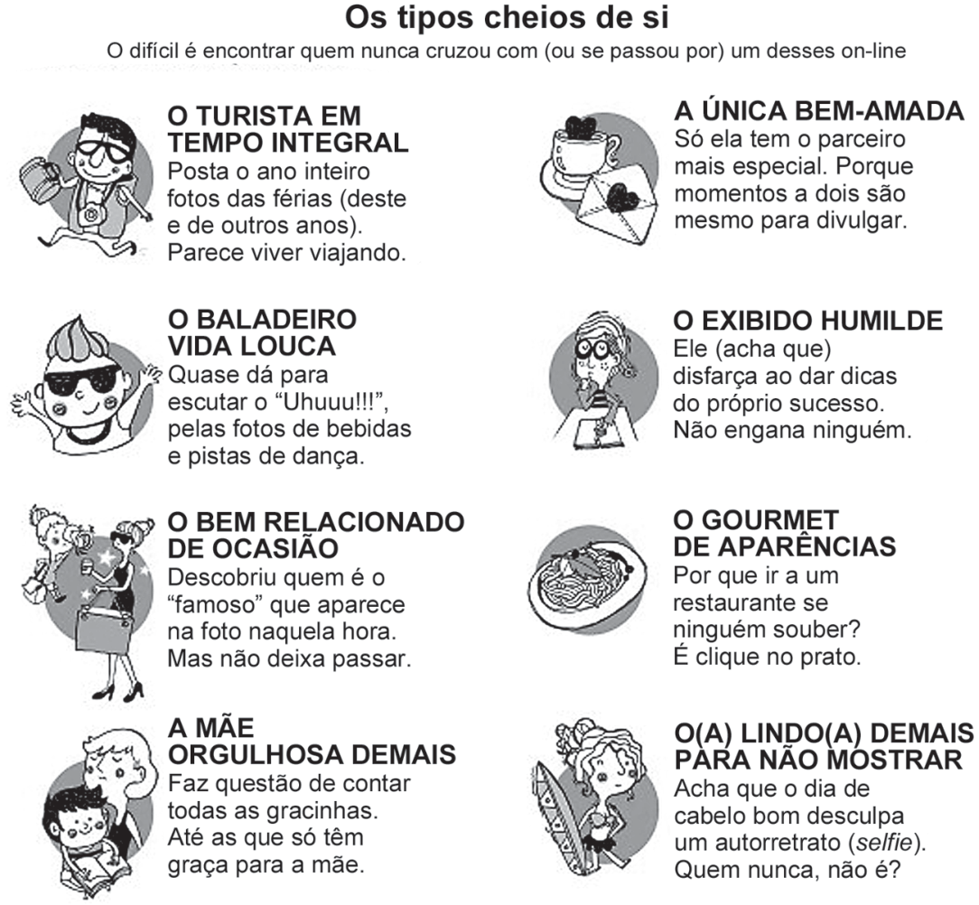 F1 Infográfico intitulado "Os tipos cheios de si", com o subtítulo "O difícil é encontrar quem nunca cruzou com (ou se passou por) um desses on-line". Apresenta oito perfis de usuários de redes sociais com ilustrações e textos: "O turista em tempo integral", "A única bem-amada", "O baladeiro vida louca", "O exibido humilde", "O bem relacionado de ocasião", "O gourmet de aparências", "A mãe orgulhosa demais" e "O(a) lindo(a) demais para não mostrar".