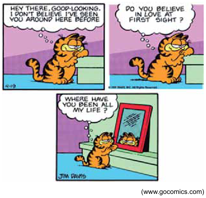 Tirinha de três quadrinhos do Garfield. No primeiro quadrinho, ele olha para frente com expressão sedutora e pensa: "HEY THERE, GOOD-LOOKING. I DON'T BELIEVE I'VE SEEN YOU AROUND HERE BEFORE". No segundo quadrinho, ele continua olhando e pensa: "DO YOU BELIEVE IN LOVE AT FIRST SIGHT ?". No terceiro quadrinho, a cena se afasta e revela Garfield diante de um espelho de moldura vermelha apoiado sobre um móvel, admirando o próprio reflexo com expressão apaixonada e pensando: "WHERE HAVE YOU BEEN ALL MY LIFE ?".