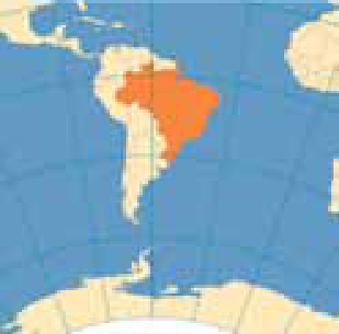 Mapa com projeção cartográfica mostrando a América do Sul e porção da Antártida, com o Brasil destacado em laranja
