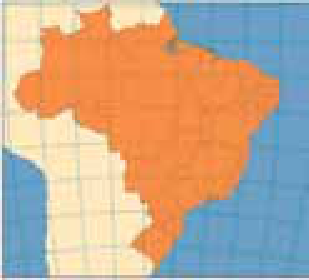 Mapa aproximado da América do Sul com o território brasileiro em destaque em laranja, sobreposto por linhas de grade