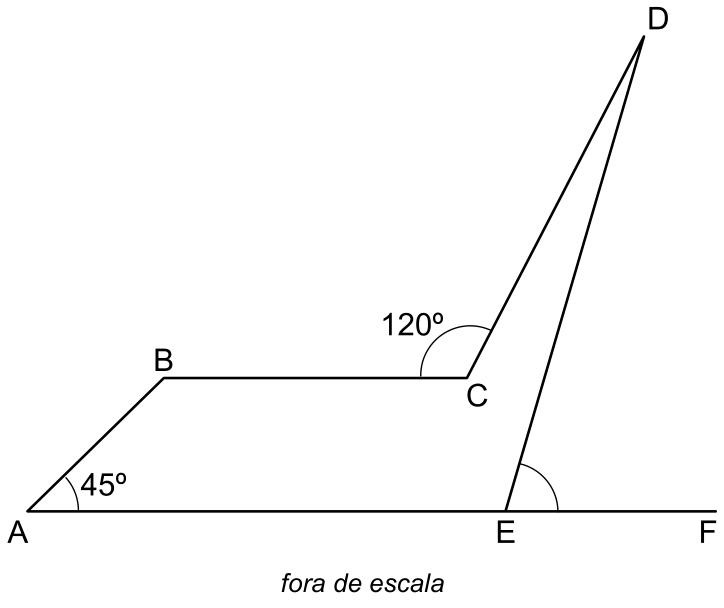 Polígono ABCDE com pontos A, E e F sobre a mesma reta horizontal