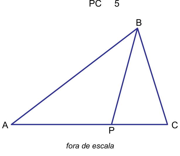 Triângulo ABC com ponto P sobre o lado AC e segmento BP traçado