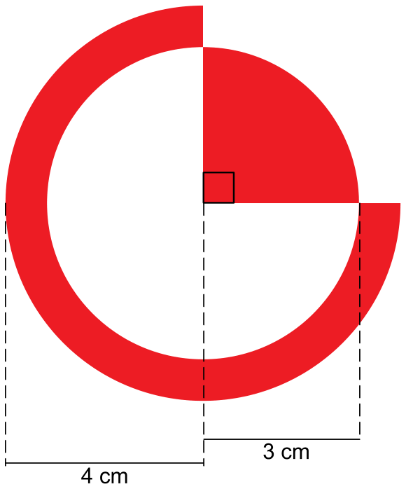 Forma geométrica vermelha formada por um setor circular de raio 3 cm e ângulo reto (90°) no primeiro quadrante, e uma coroa circular de 270° nos demais quadrantes, com raio interno de 3 cm e raio externo de 4 cm. Abaixo, linhas tracejadas indicam as cotas de 4 cm à esquerda e 3 cm à direita a partir do centro.