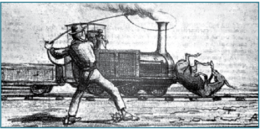 Charge de Ângelo Agostini de 1865, mostrando um homem com trajes de tropeiro tentando laçar a chaminé de uma locomotiva a vapor em movimento que acabou de atropelar uma mula sobre os trilhos