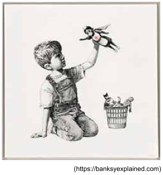 Pintura de Banksy em preto e branco, com destaque em vermelho, intitulada "A troca do brinquedo" (Game Changer). Um menino de macacão ajoelhado segura e brinca no ar com uma boneca de enfermeira vestida com capa de super-heroína e o símbolo da Cruz Vermelha no peito, enquanto figuras de ação tradicionais de super-heróis (como Batman e Homem-Aranha) encontram-se descartadas em uma cesta de lixo ao fundo.