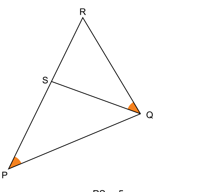 F1 Triângulo PQR com ponto S sobre o lado PR. O segmento SQ divide o triângulo, e os ângulos RP̂Q e R̂QS estão destacados com setores circulares na cor laranja.