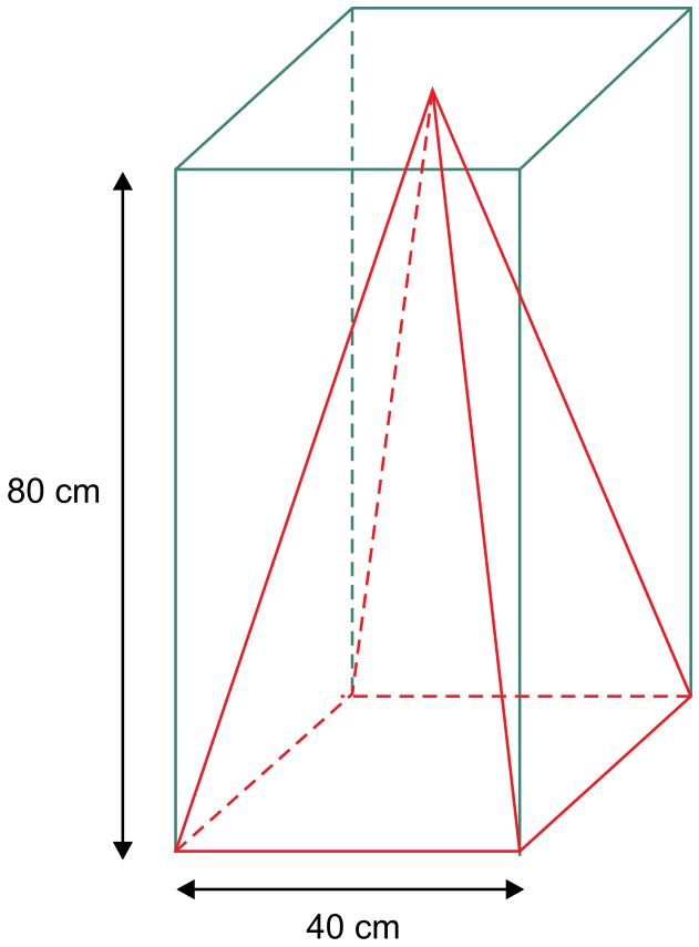 Prisma reto de base quadrada contendo uma pirâmide regular de base quadrada inscrita perfeitamente em seu interior, com indicação de altura de 80 cm e aresta da base de 40 cm.