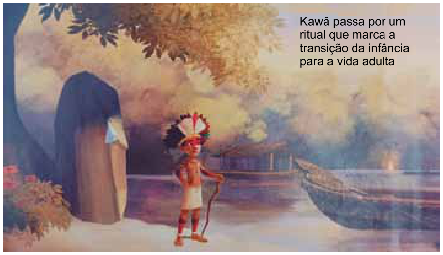 Cena do game digital Kawã na terra dos indígenas Maraguá, com um jovem indígena de cocar e cajado à beira de um rio, próximo a uma canoa. No canto superior direito, há o texto: "Kawã passa por um ritual que marca a transição da infância para a vida adulta".
