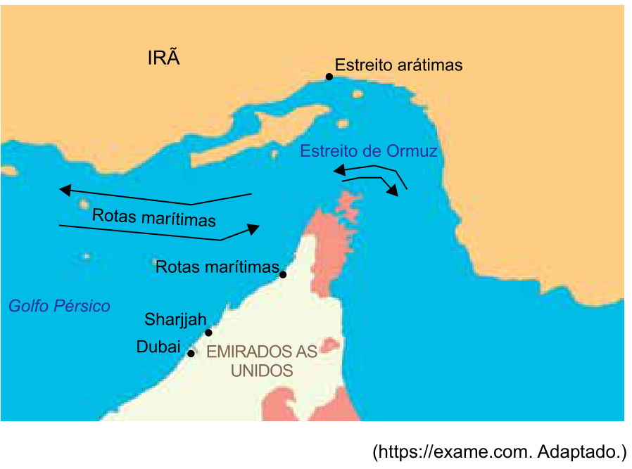 Mapa da região do Golfo Pérsico destacando o Estreito de Ormuz entre o Irã e os Emirados Árabes Unidos, com indicações de rotas marítimas.