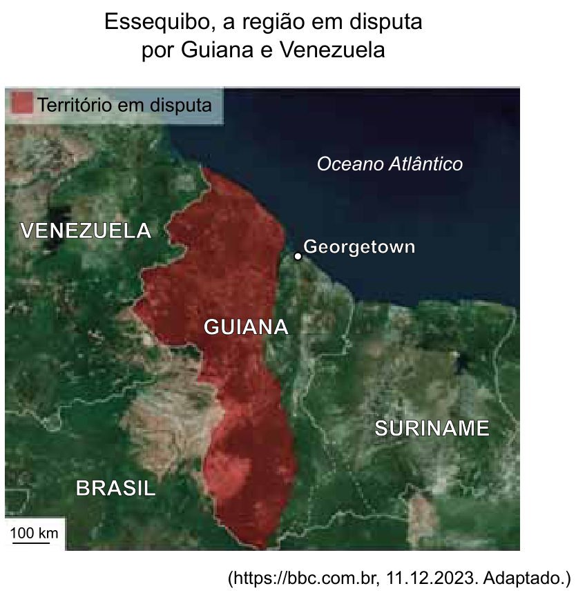 F1 Mapa da região de Essequibo, intitulado "Essequibo, a região em disputa por Guiana e Venezuela", destacando em vermelho o território em disputa a oeste da Guiana, fazendo fronteira com Venezuela e Brasil.