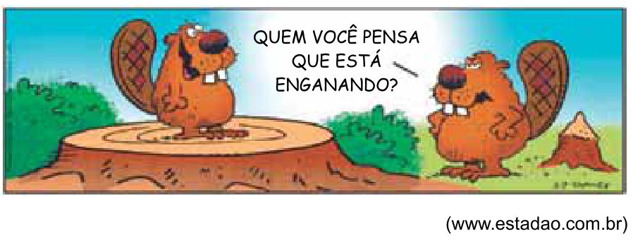 F1 Tirinha de Frank & Ernest mostrando dois castores. Um deles está em pé sobre um toco largo de árvore cortada transversalmente, no qual são visíveis os anéis concêntricos de crescimento, e fala em balão de fala: "QUEM VOCÊ PENSA QUE ESTÁ ENGANANDO?". O outro castor observa com expressão desconfiada, ao lado de um toco fino em formato de ponta de lápis.