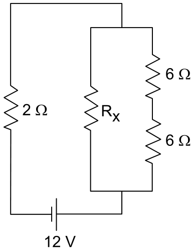 F1 Esquema de um circuito elétrico alimentado por uma fonte de tensão contínua de 12 V. O circuito possui um resistor de 2 Ω em série com uma associação em paralelo, composta por dois ramos: um contendo um resistor incógnito Rx e outro contendo dois resistores de 6 Ω ligados em série.
