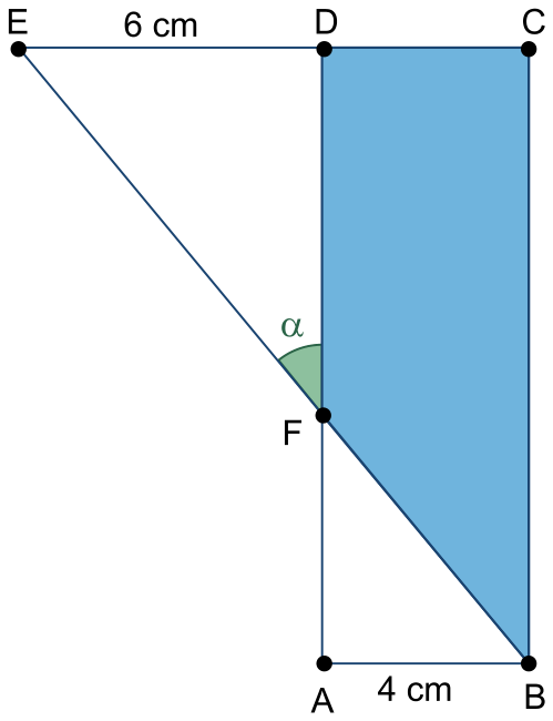 F1 Retângulo ABCD com base AB medindo 4 cm e ponto D no topo esquerdo. À esquerda de D, o segmento ED mede 6 cm horizontalmente sobre a extensão de CD. O segmento BE intersecta o lado AD no ponto F. A região correspondente ao trapézio BCDF está sombreada em azul. O ângulo entre os segmentos EF e DF é indicado por alfa.