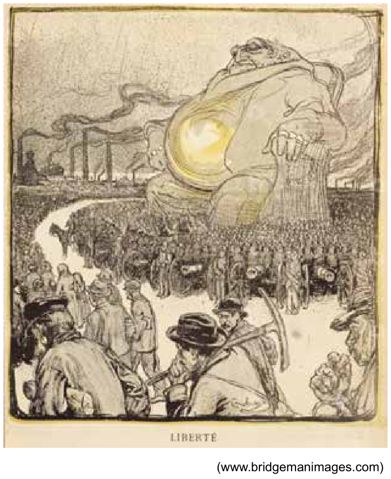 Caricatura intitulada “LIBERTÉ”, mostrando uma figura colossal e corpulenta de um homem de terno sentado ao fundo, com fábricas e chaminés expelindo fumaça. À sua frente, uma multidão de soldados armados com canhões separa a figura gigante de operários em primeiro plano carregando picaretas e pertences.