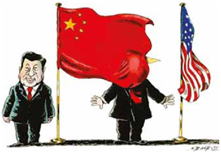 Charge de Marco De Angelis retratando Xi Jinping em pé ao lado do mastro com a bandeira da China, que se estende para a direita cobrindo o rosto de Donald Trump, posicionado entre a bandeira chinesa e a bandeira dos Estados Unidos.