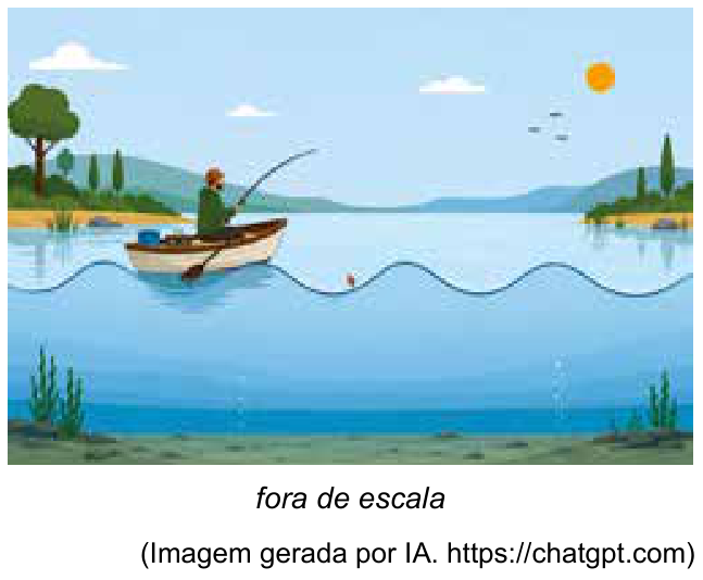 Ilustração de um pescador com vara de pescar sentado em um bote em um lago com uma onda senoidal regular na superfície da água, tendo ao fundo vegetação, colinas e céu com sol e nuvens. Abaixo da imagem lê-se "fora de escala" e "(Imagem gerada por IA. https://chatgpt.com)".