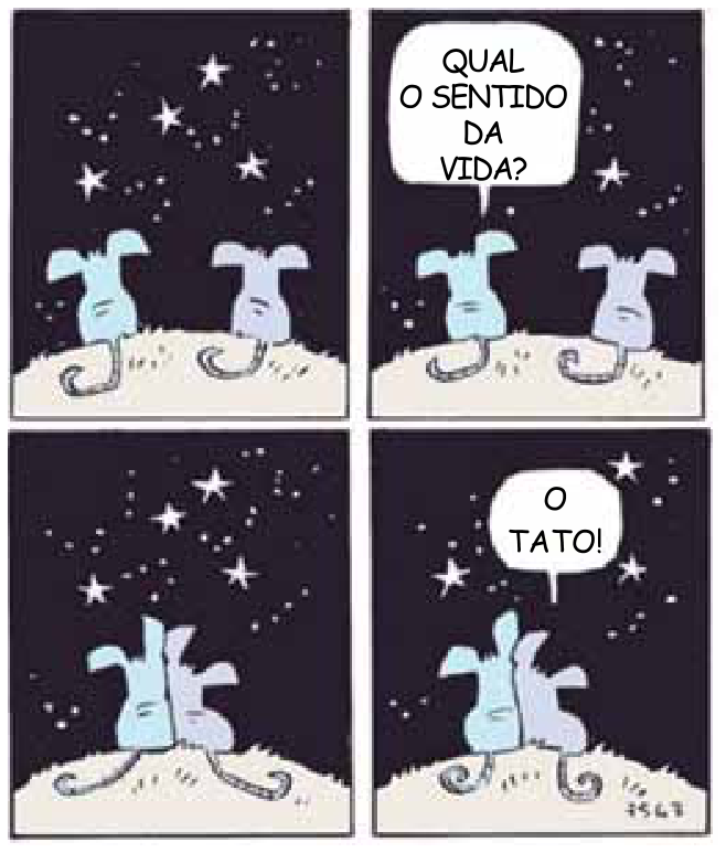 Tirinha de quatro quadrinhos mostrando dois ratos de costas sob um céu estrelado. No primeiro quadrinho, estão sentados separados. No segundo quadrinho, o rato da esquerda pergunta: "QUAL O SENTIDO DA VIDA?". No terceiro quadrinho, o rato da direita se aproxima e encosta a cabeça no outro. No quarto quadrinho, com ambos abraçados/encostados, o rato da direita responde: "O TATO!".