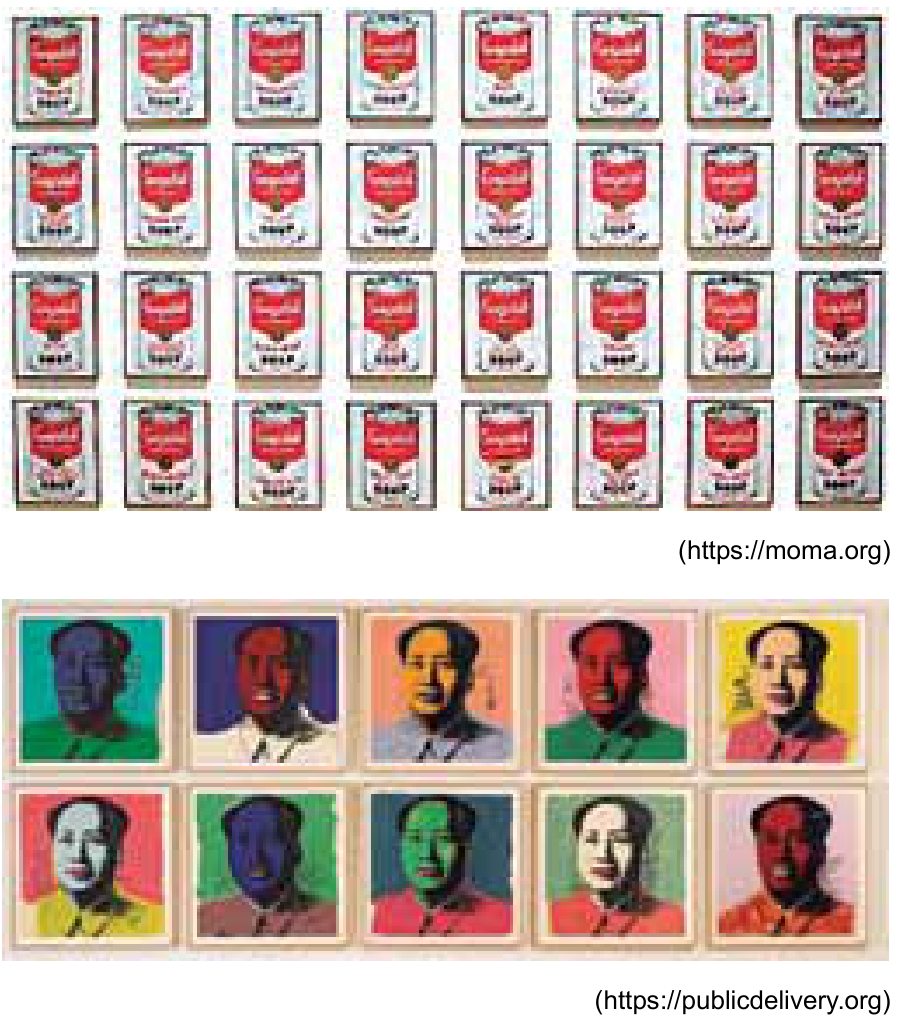 Duas obras de pop art de Andy Warhol dispostas verticalmente: na parte superior, "Latas de sopa Campbell" (1962), composta por 32 telas com latas de sopa organizadas em 4 linhas e 8 colunas, com a indicação de fonte (https://moma.org); na parte inferior, "Mao" (1972-1974), composta por 10 retratos em serigrafia de Mao Tsé-Tung com combinações distintas de cores vibrantes, organizados em 2 linhas e 5 colunas, com a indicação de fonte (https://publicdelivery.org).