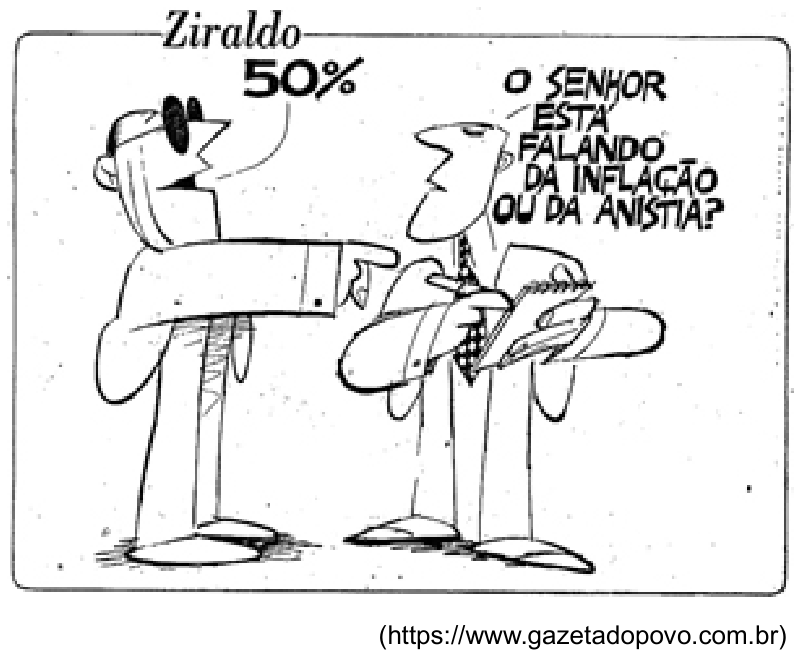 Charge de Ziraldo retratando o presidente João Figueiredo de perfil, usando óculos escuros e terno, apontando para a direita e dizendo "50%". Diante dele, um jornalista segura um bloco de anotações e pergunta: "O SENHOR ESTÁ FALANDO DA INFLAÇÃO OU DA ANISTIA?". Abaixo da moldura do desenho consta a indicação da fonte: (https://www.gazetadopovo.com.br).