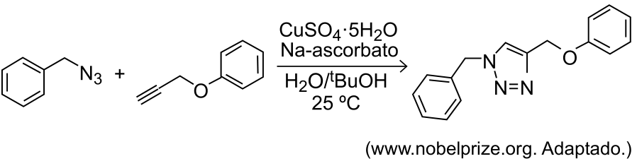Equação química da cicloadição de azida-alcino entre azida de benzila e éter propargil-fenílico sob ação de CuSO4·5H2O e ascorbato de sódio em H2O/tBuOH a 25 °C, originando um anel triazol substituído.